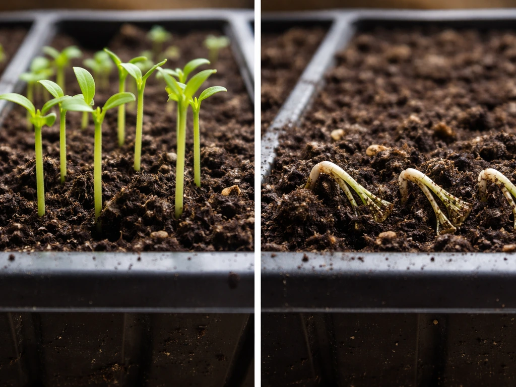 Split view of healthy upright seedlings beside collapsed damping-off seedlings at the soil line.
