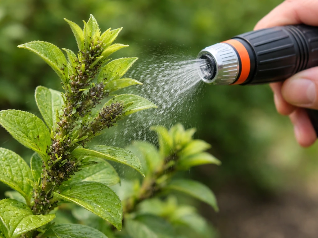 Aphids clustered on tender new plant growth as a hand waters them with a gentle sprayer