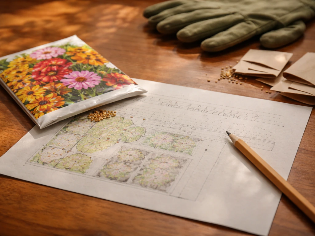 Close-up of seed packet and handwritten sowing timeline over a simple garden map on a wooden table.