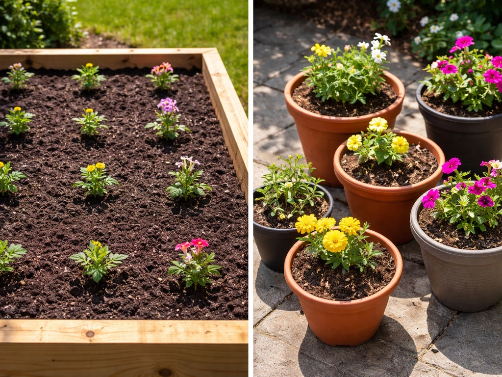 Raised garden bed with marigold seedlings beside potted flowering plants on a sunny patio.