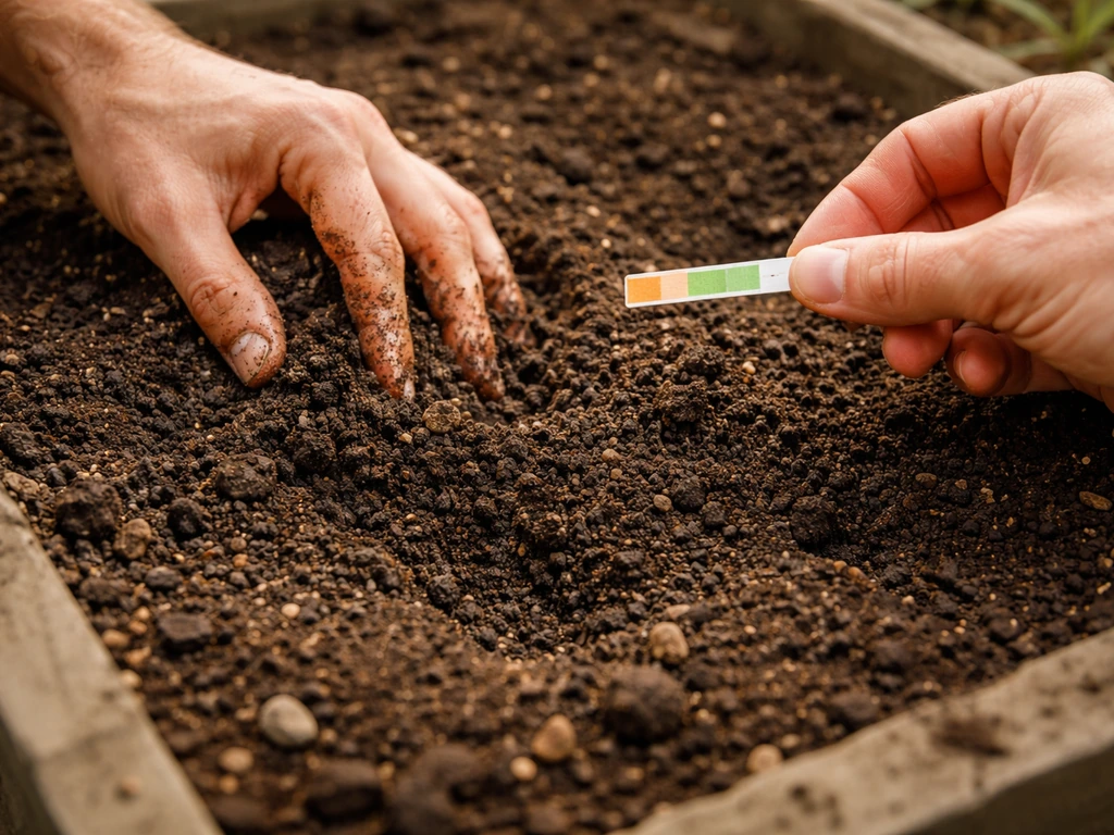 Hands mixing dark soil and compost in a garden bed while holding a simple pH test strip.