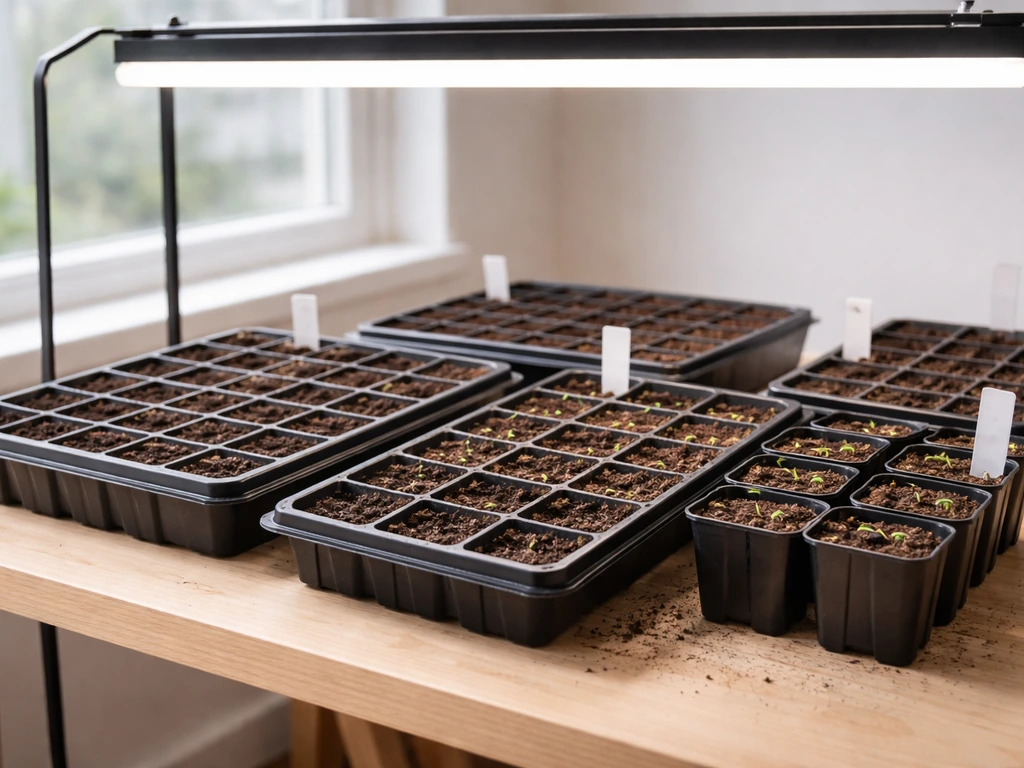 Indoor seed trays with seed-starting mix under bright grow lights, a few tiny sprouts beginning to emerge.