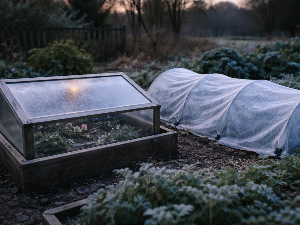A cold frame with a clear lid and lightweight row fabric shielding winter flowers from frost.