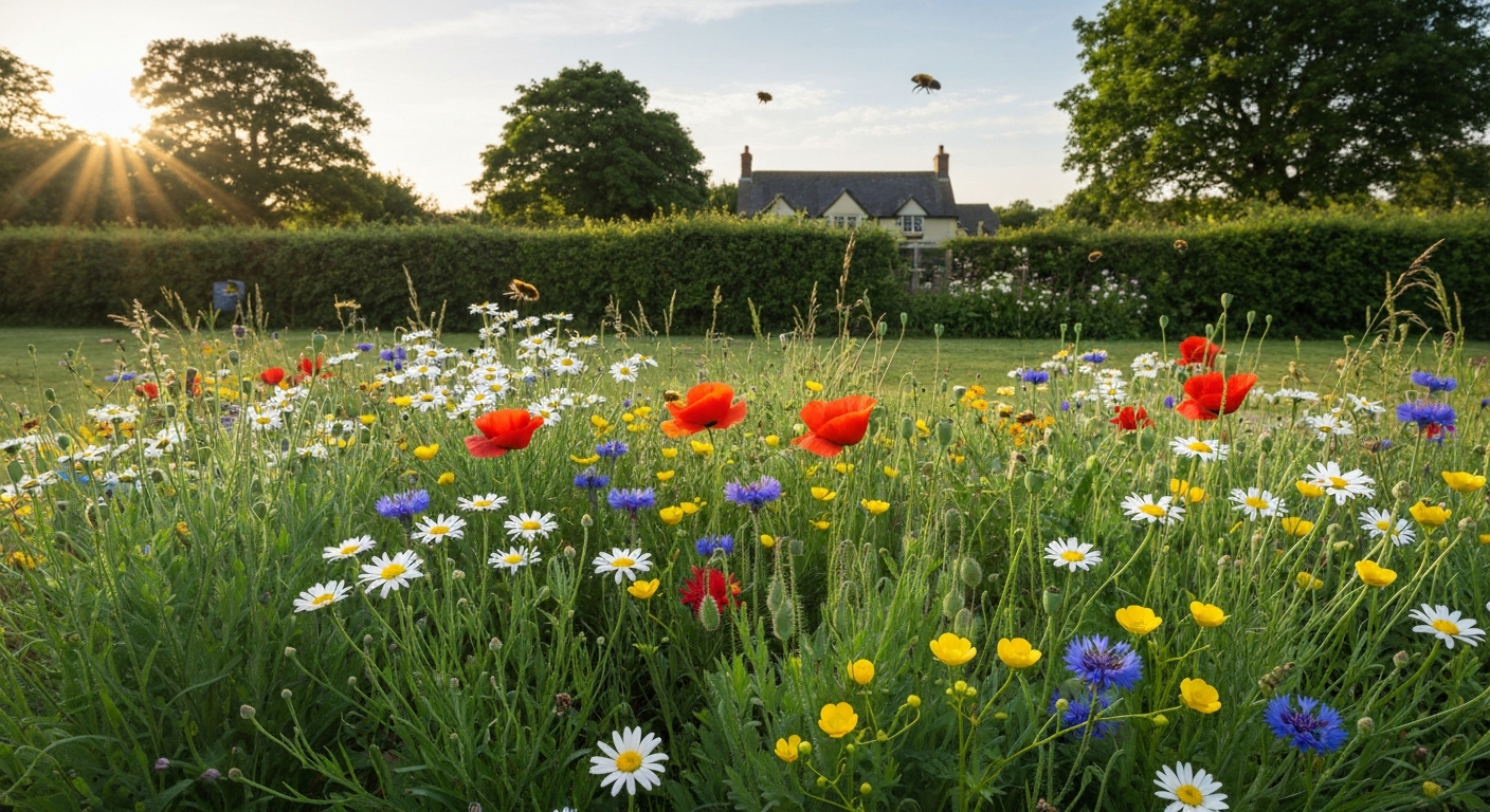 A small UK garden wildflower meadow in summer with oxeye daisies, cornflowers and poppies, insects on flowers and a hedgerow in the background.