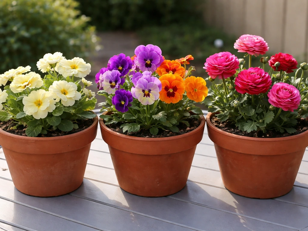 Three terracotta planters with early, mid, and late blooming flowers arranged to suggest succession.