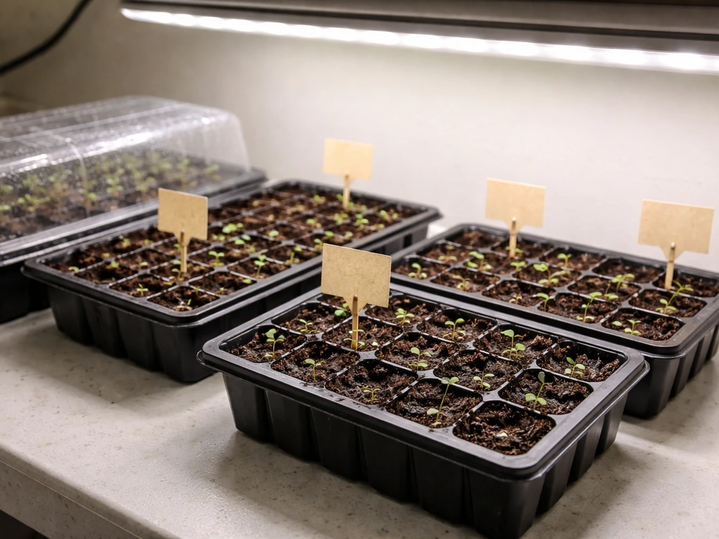 Close-up of seed trays under grow lights with small labeled pots for snapdragons, zinnias, and marigolds