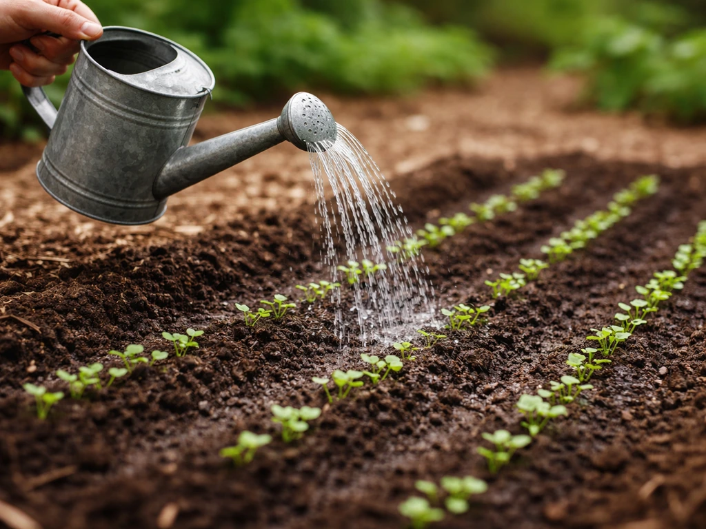 Garden bed being gently watered with a watering can, moist dark soil surface and seedlings visible