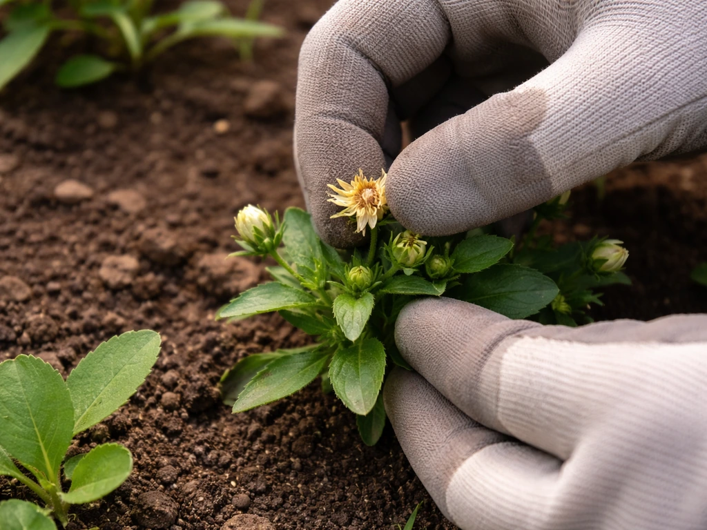 Gloved hands deadheading a spent flower head with fresh buds on a pocket-bee friendly plant.