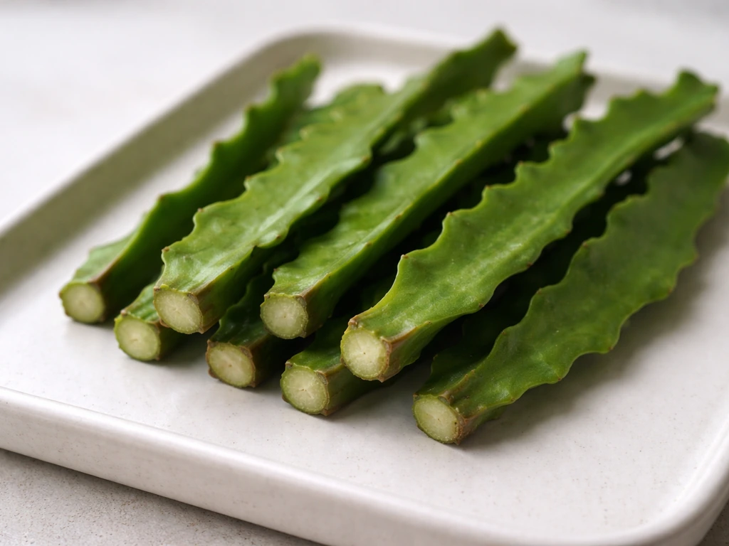 Close-up of fresh Epiphyllum oxypetalum stem cuttings with cut ends prepared for rooting on a clean surface.