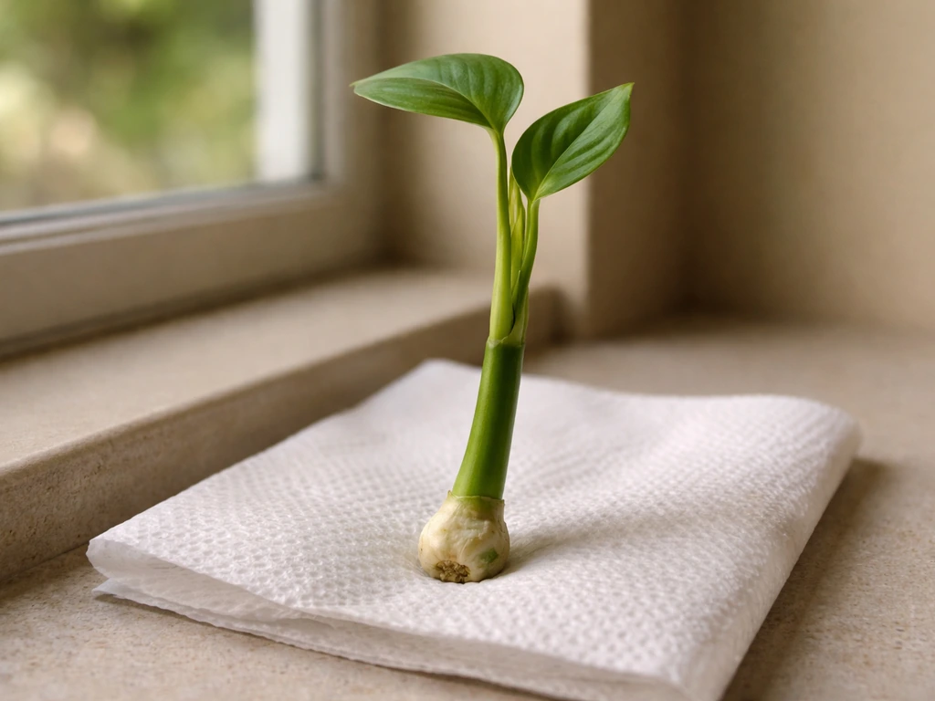 Warm shaded indoor photo of a plant cutting’s cut end resting on dry paper towel, showing callus forming.