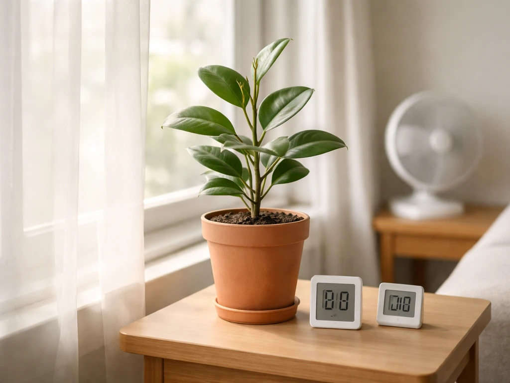 Potted plant by a sheer-curtain window with a thermometer/hygrometer and gentle airflow for ideal indoor conditions