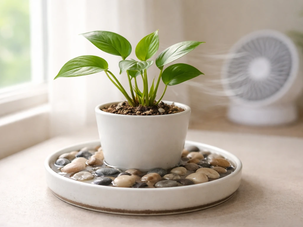 Small potted plant on a pebble tray with water beneath, with gentle airflow from a nearby fan/vent.