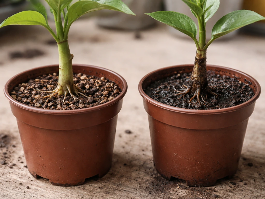 Side-by-side healthy vs rotting plant cutting in pots, showing dark soft rot and wet soil.