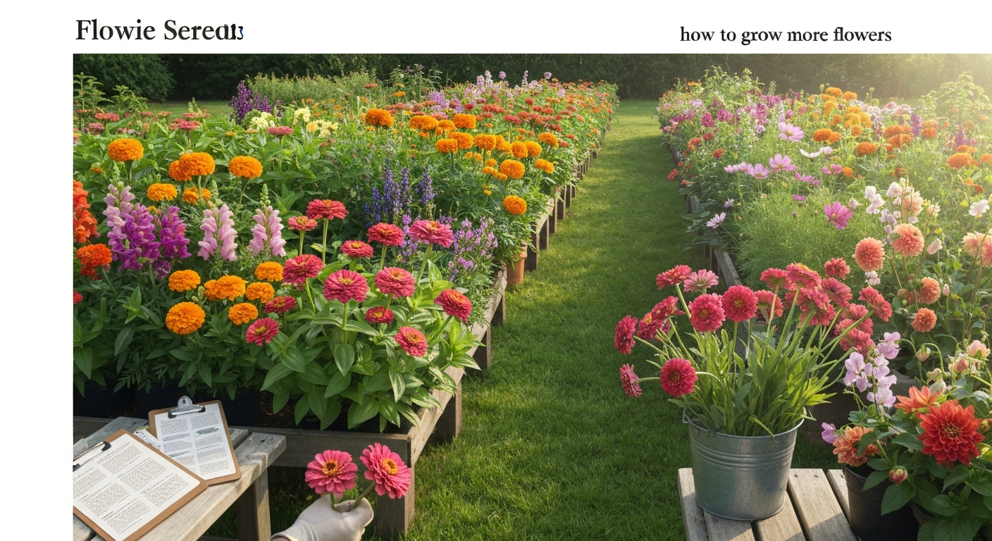 Lush garden filled with abundant flowers, a bucket of cut stems, and a gardener deadheading a bloom.