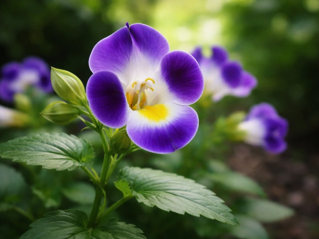 Vibrant wishbone flower (Torenia fournieri) in full bloom with curved stamens in soft garden shade.