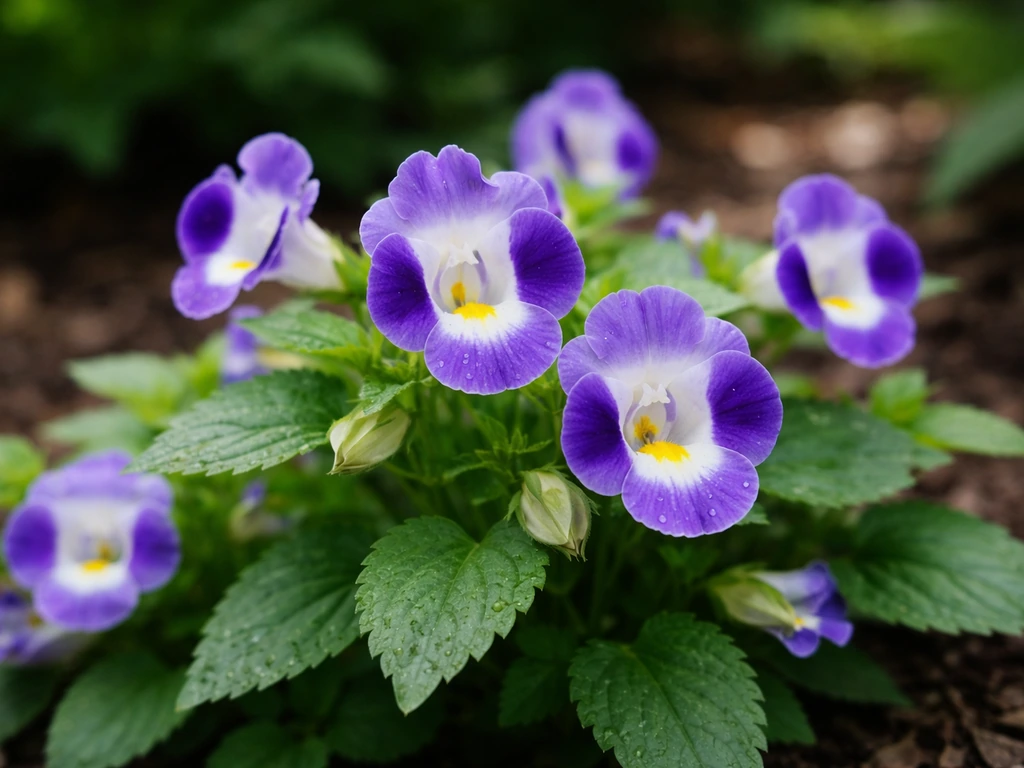 Close-up of wishbone flower (Torenia fournieri) blooms on a compact bushy plant with curved stamens visible