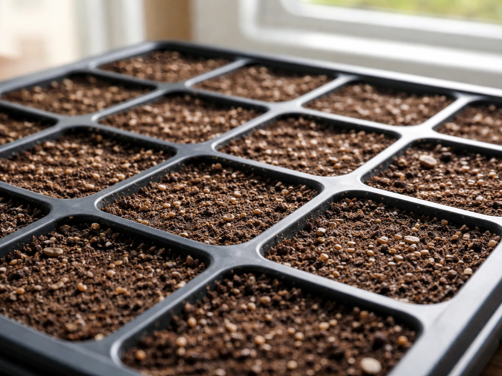 Indoor seed tray with pre-moistened seed-starting mix and wishbone flower seeds sown on the surface