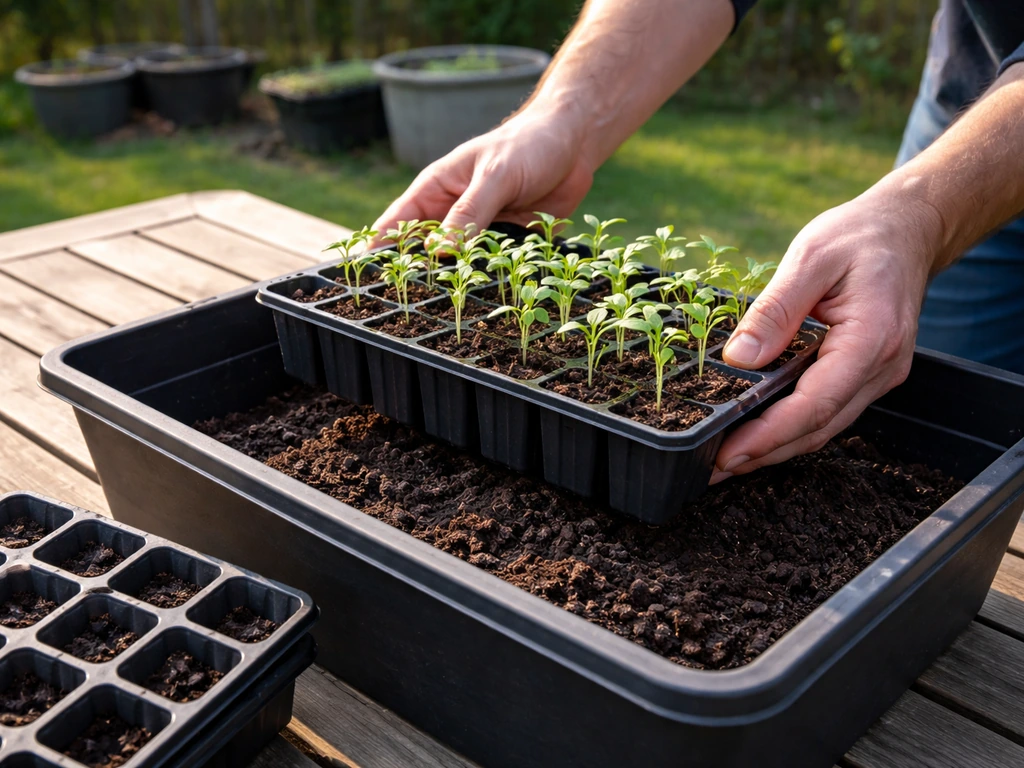 Seedling trays being moved into outdoor containers on a simple patio during hardening off