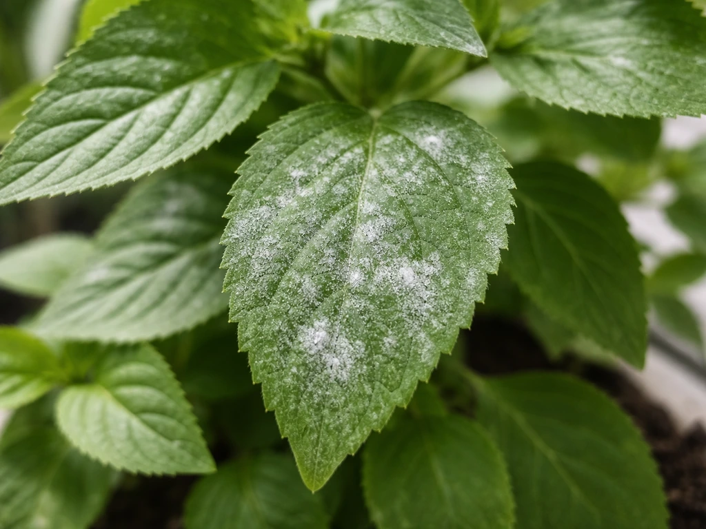 Close-up of wishbone flower leaves with white powdery mildew patches beside unaffected green leaves.
