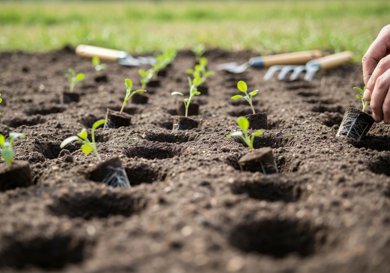 Close-up planting wildflower plug seedlings into prepared soil, forming a natural meadow pattern.