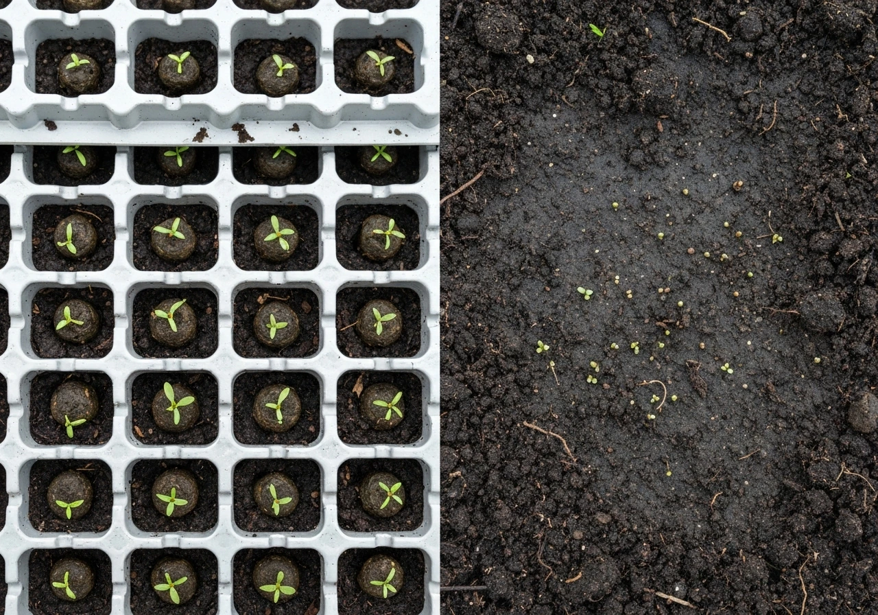 Wildflower plug tray with seedlings and visible root balls, contrasted with scattered direct-sown seeds in soil.