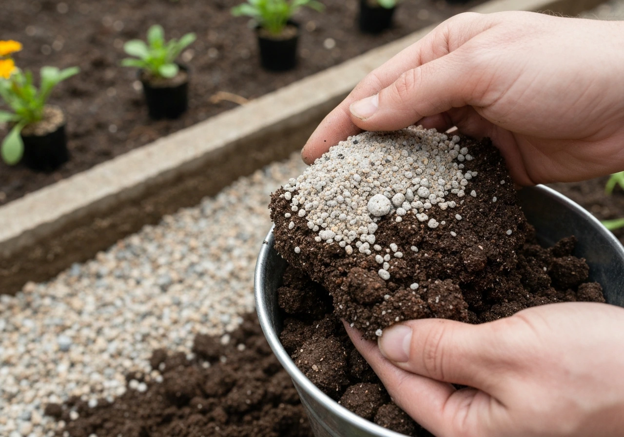 Close-up of gritty low-fertility soil being mixed with perlite and prepared for drainage.
