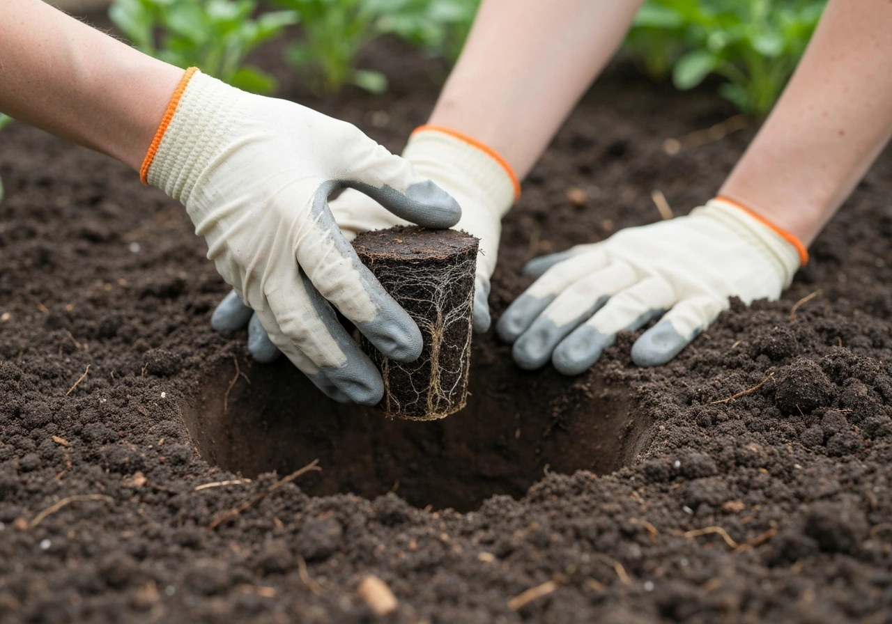 Gardener’s hands lowering a wildflower plug into a prepared hole, with soil firmed level around roots.
