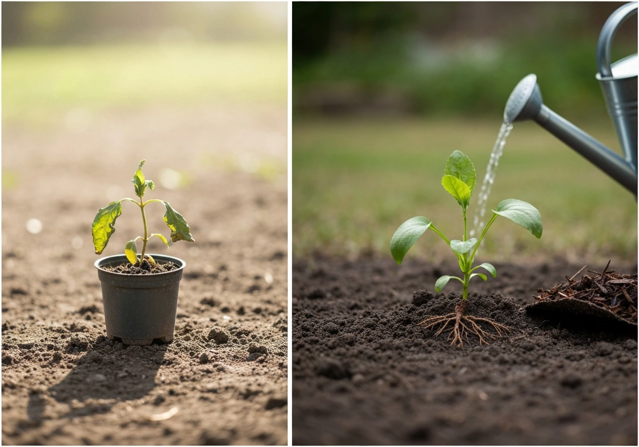 Split image: wilting newly planted pot left, revived with proper watering and moist soil right.