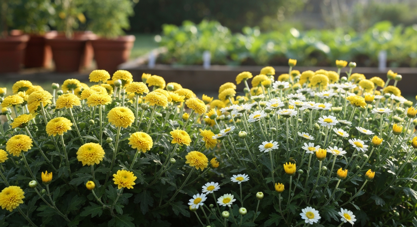 Lush garden bed of yellow and white samanthi (chrysanthemum) blooms in morning light.