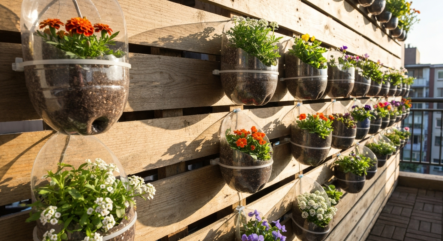 Sunlit vertical garden of horizontally-mounted 2-litre plastic bottle planters on a wooden pallet, planted with marigolds, violas and sweet alyssum.