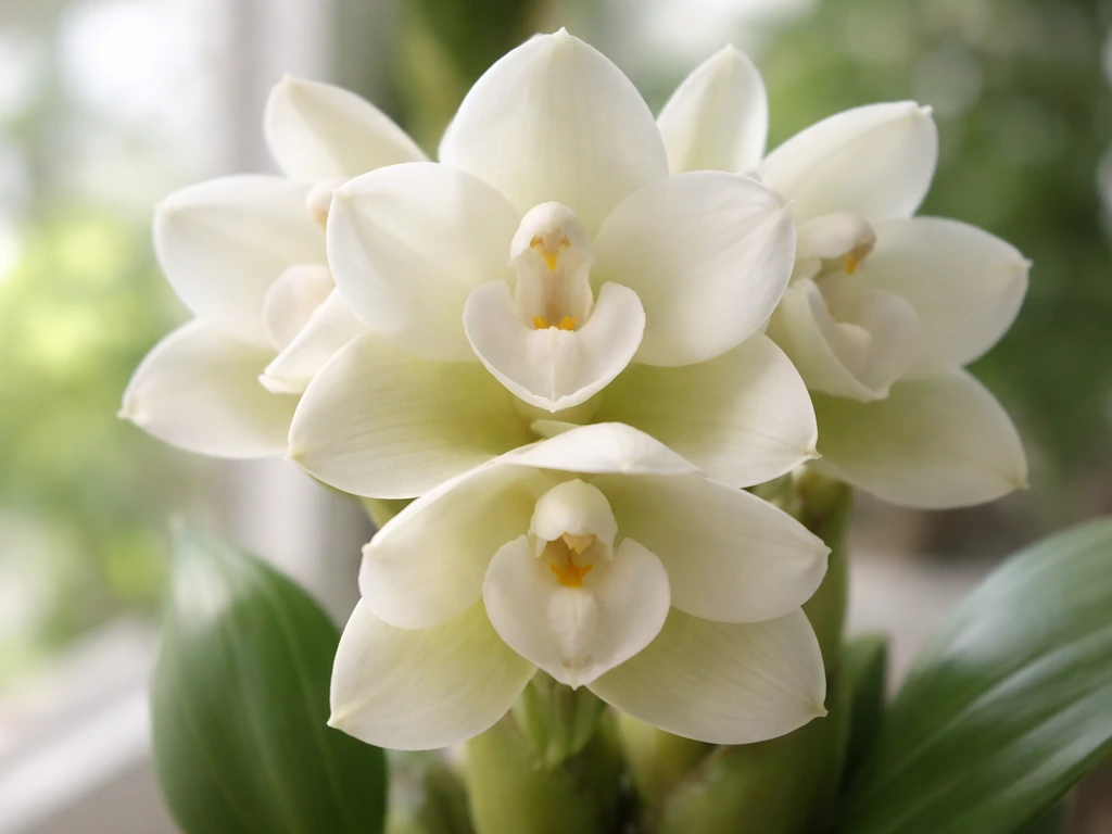 Close-up of a blooming Peristeria elata Flower of the Holy Spirit in bright filtered light