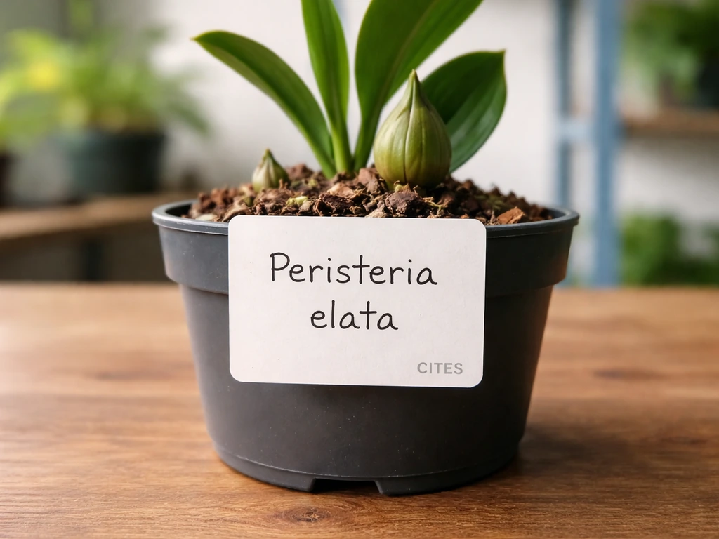 Close-up of a plant label showing the Latin name “Peristeria elata” on a potted orchid.