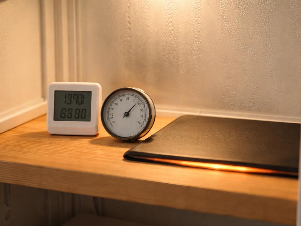 Digital thermometer and humidity gauge beside a warm heat mat in a small indoor greenhouse cabinet.