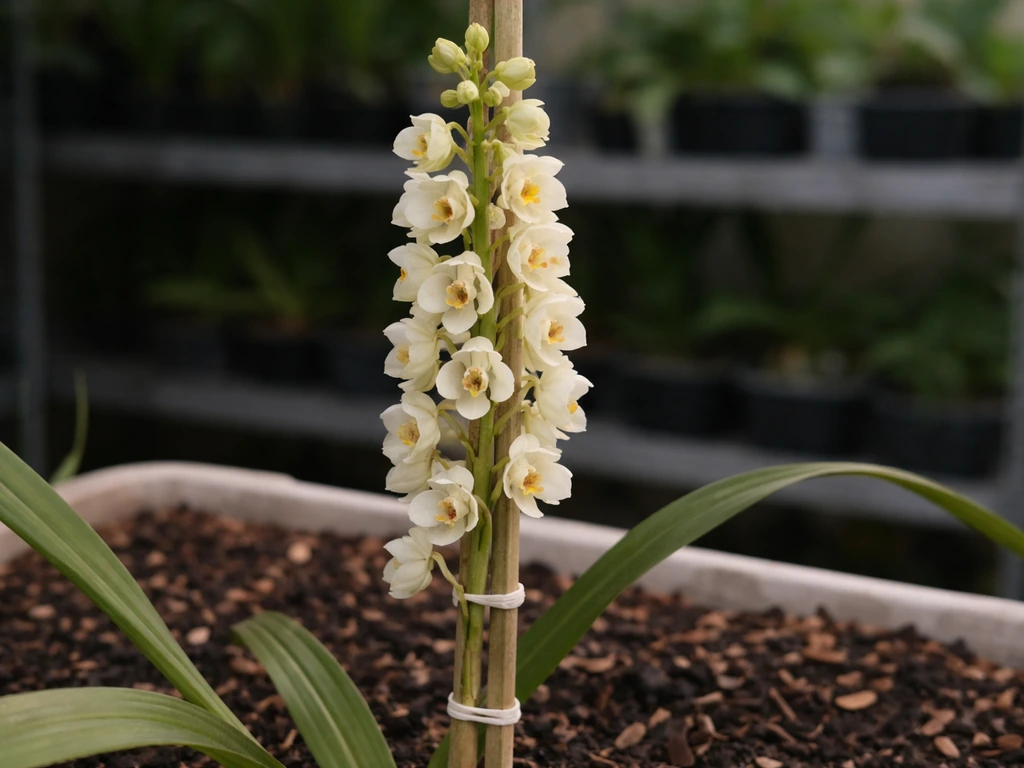 Close photo of a Peristeria elata flower spike tied to a bamboo stake with soft ties in a potting area.