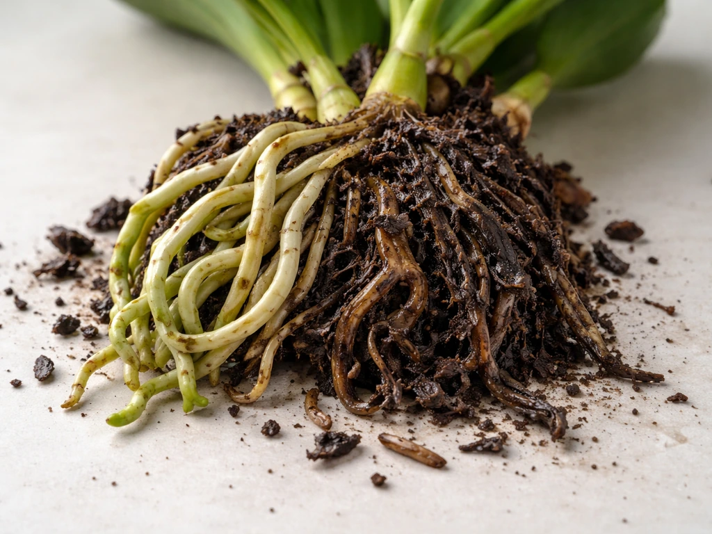 Close-up of a plant’s roots in a pot showing soft dark rot tissue beside pale healthy roots.