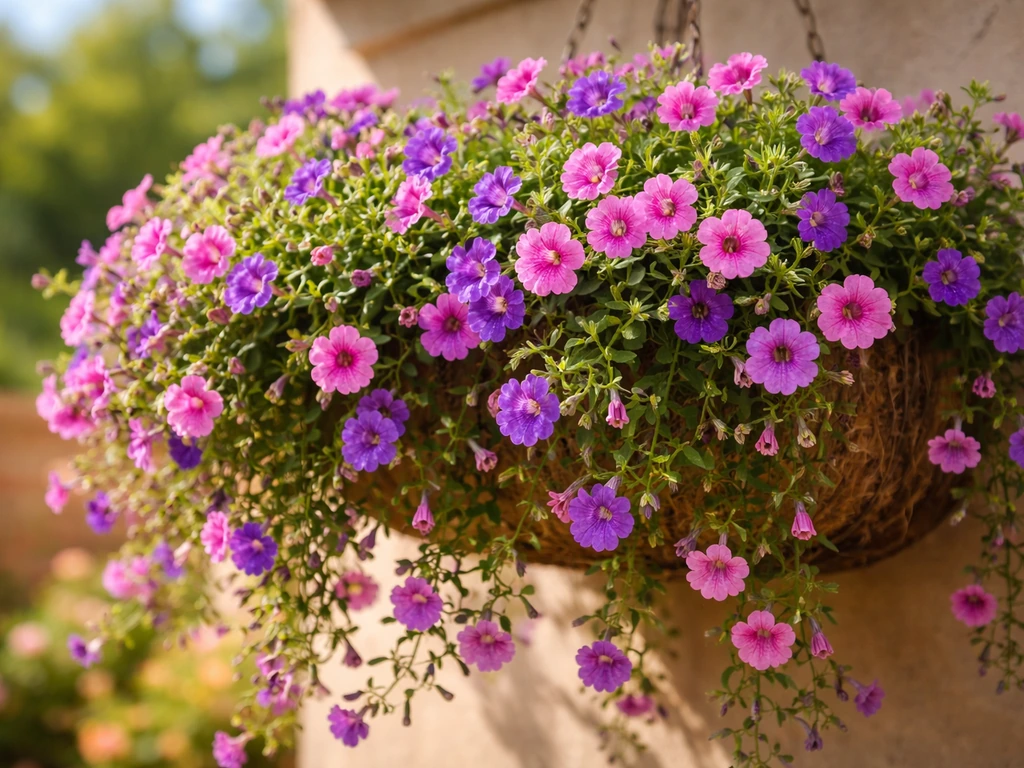 Lush Calibrachoa (‘million flower’) overflowing from a hanging basket in bright full-sun light