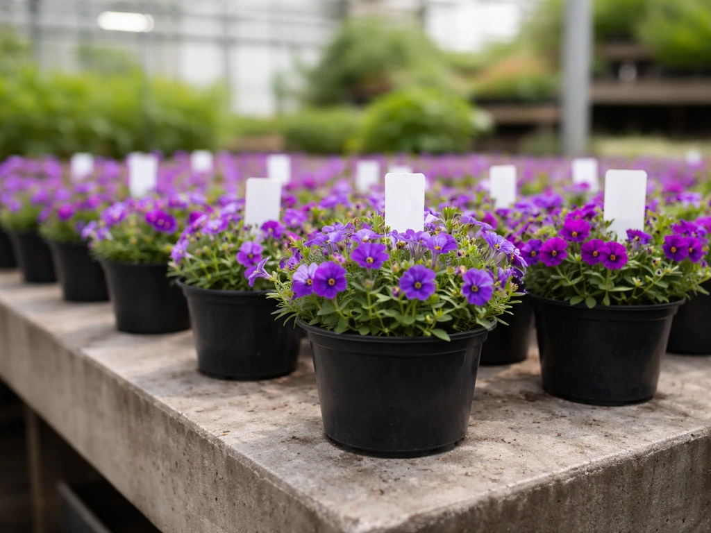 Garden center display with potted Calibrachoa ‘Million Bells’ and simple plant tags