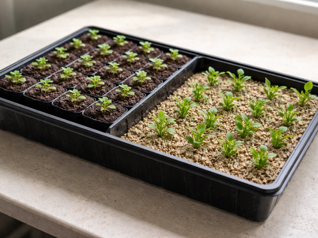 Close-up tray showing calabrachoa seedlings plugs beside cuttings in rooting medium