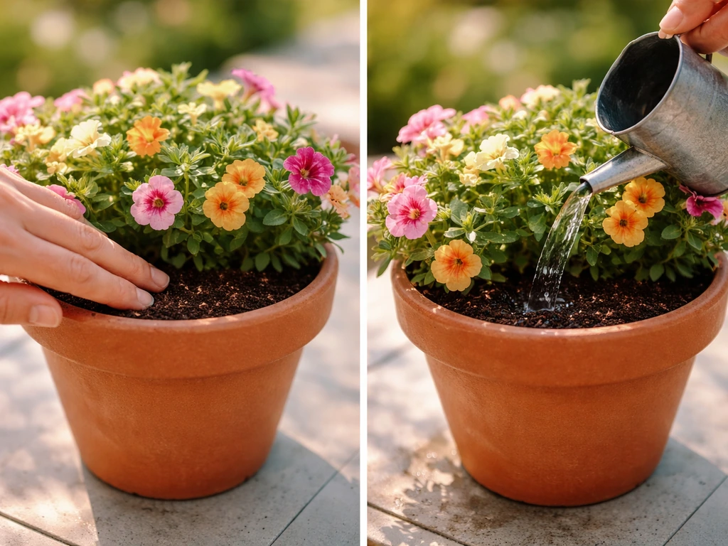 Hand watering a potted calibrachoa while checking soil moisture, ensuring top inch is dry