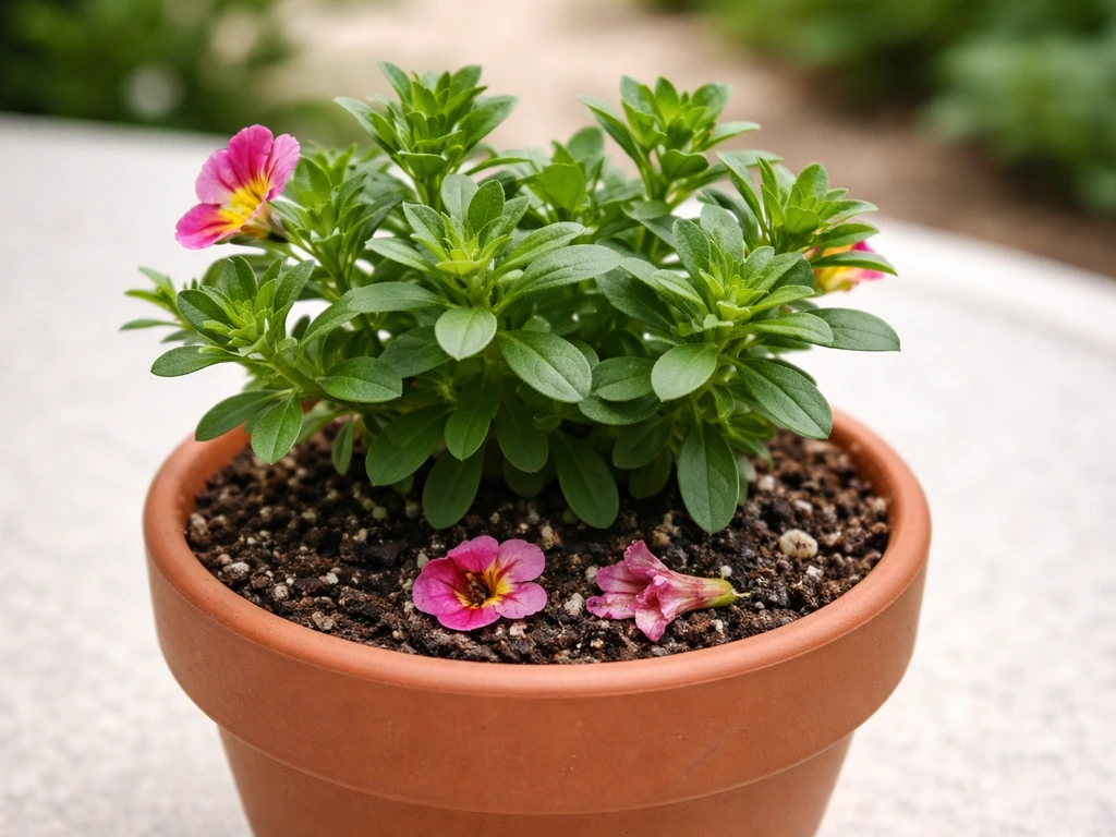 Young calibrachoa in a small pot showing pinched tips and compact new growth for tidy flowering.