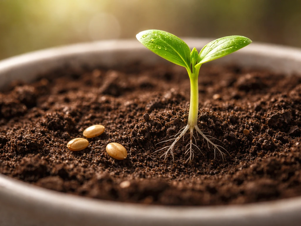 Close-up of a seedling sprout in soil with a few seeds nearby, showing tiny roots and first leaves