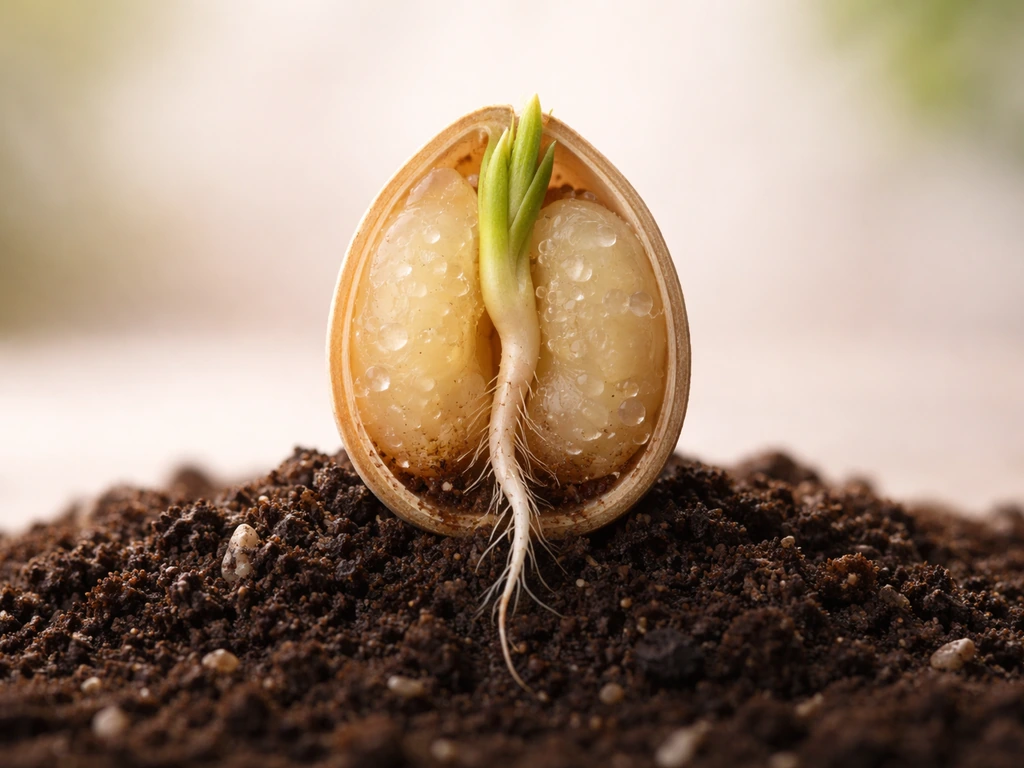 Cross-section view of a swollen seed with a radicle pushing down and a shoot growing upward