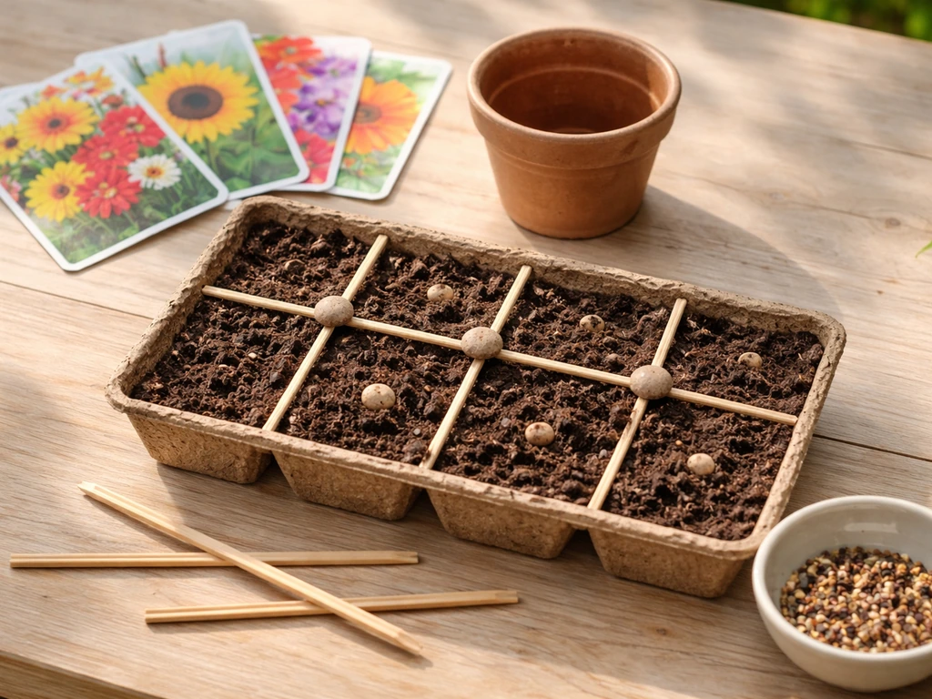 Top-down view of a small pot and seed tray with seeds and simple spacing guides on a wooden table.