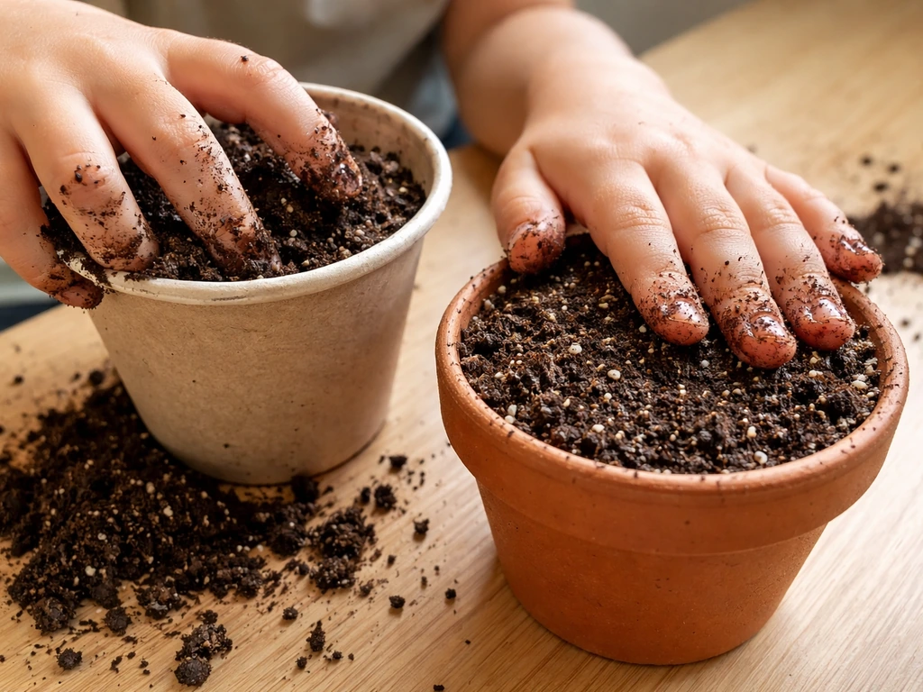Child’s hands scooping damp seed-starting mix into a small pot and patting it flat