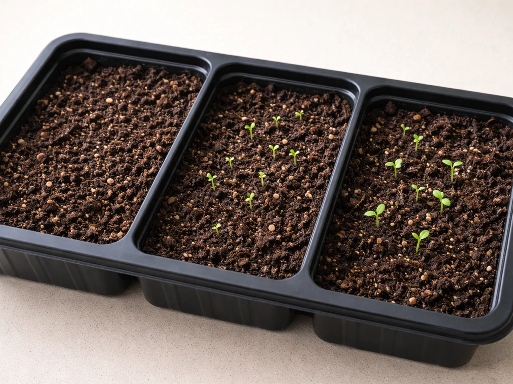 Three stages of flower growth in soil: planted seeds, small sprouts, and first true leaves/buds.