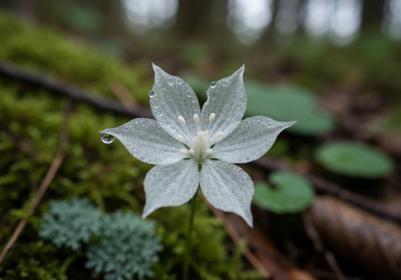 Close-up of a skeleton flower bloom with delicate translucent white petals in a cool forest setting.