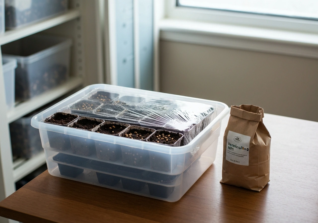 Small indoor seed-starting setup with covered trays in a cool, dim storage-like space