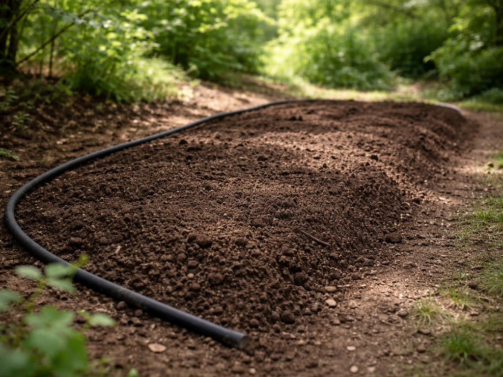 Fresh humus-rich planting bed with soaker hose, lit by dappled shade from a nearby tree canopy.