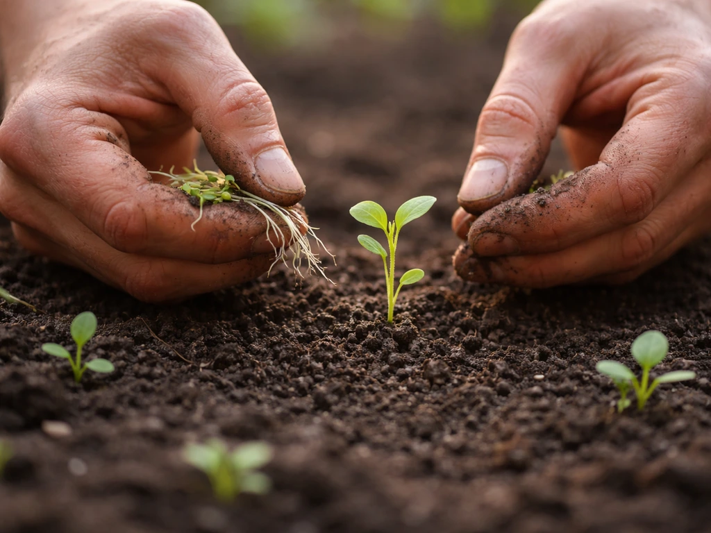 Gardener hands thinning spring seedlings, removing weaker sprouts to leave one strongest plant