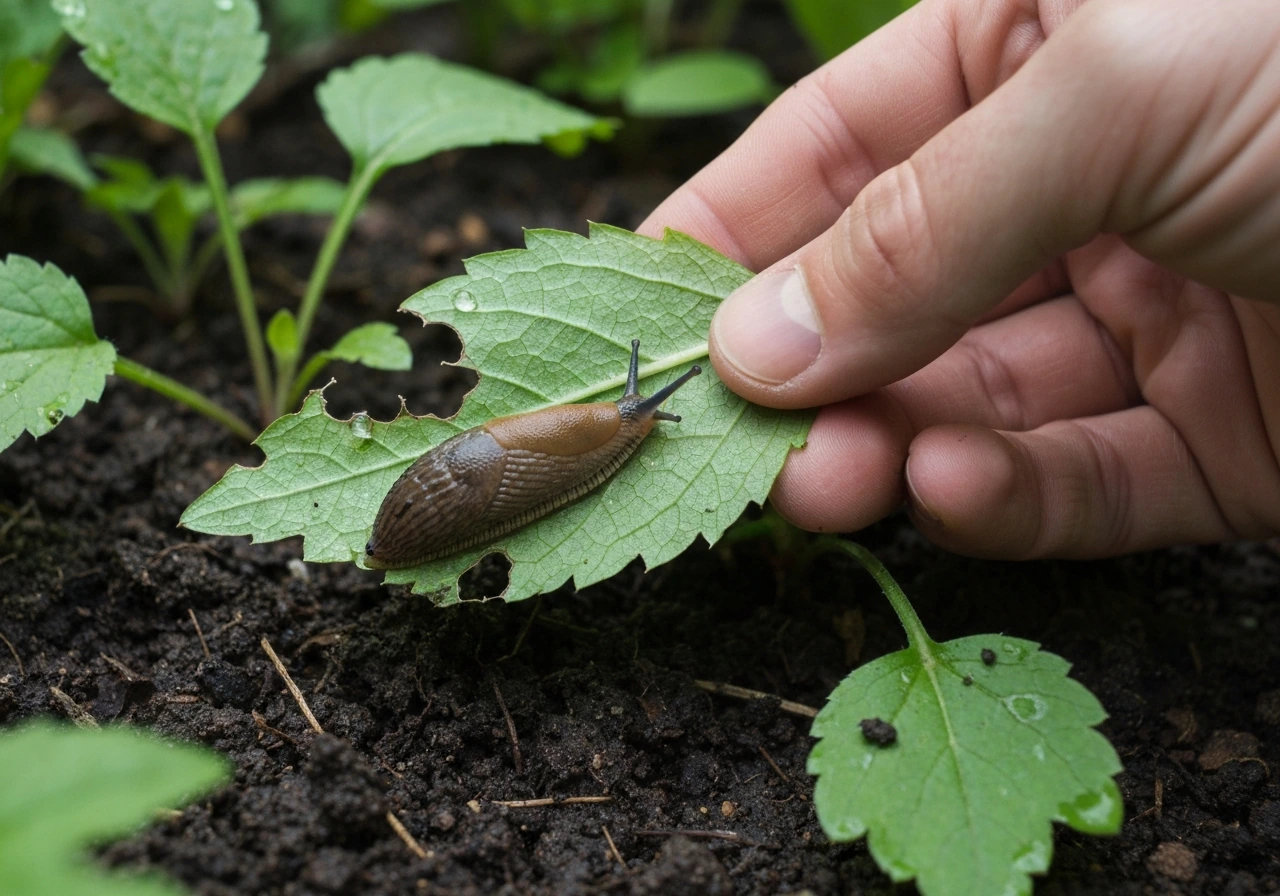 A garden slug on a skeleton flower leaf while a hand gently checks and removes it